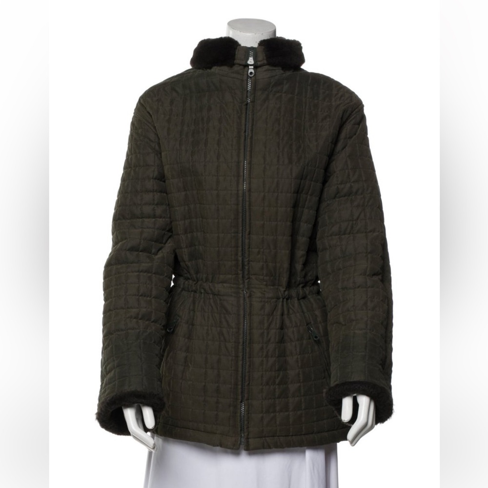Andrew Marc Cinch Waist Coat Quilted Olive Green Faux Fur